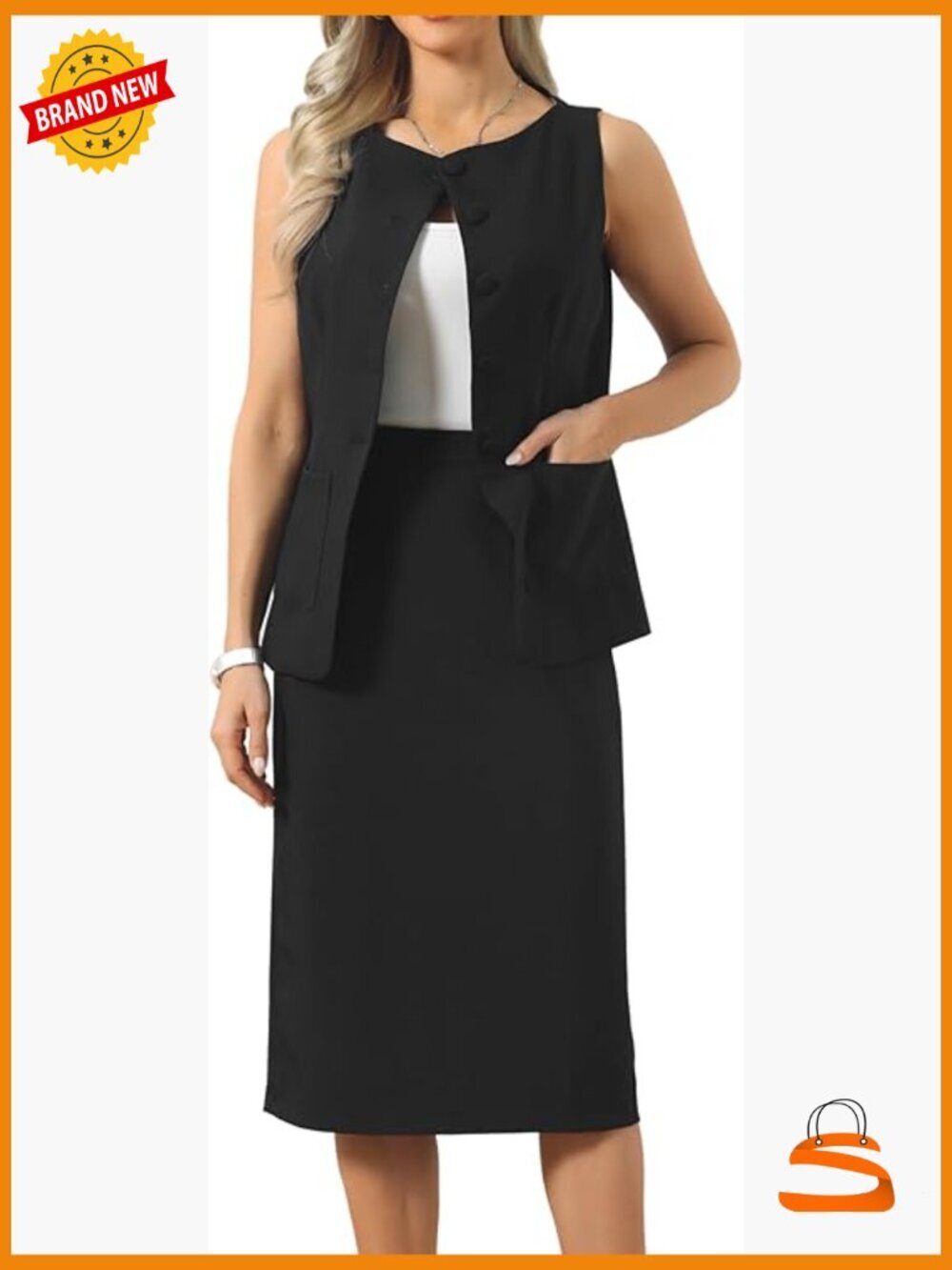 Linen Skirt Suit Set, Sleeveless Boat Neck Vest & Pencil Skirt 2 Piece Outfits